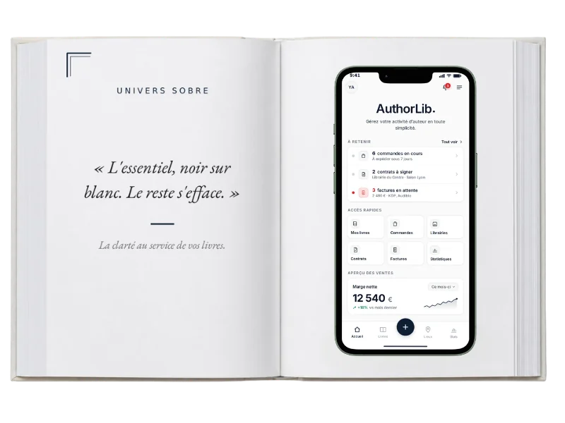 Grand livre ouvert sur l'univers Sobre : la devise du thème à gauche, l'écran d'accueil de l'application à droite.