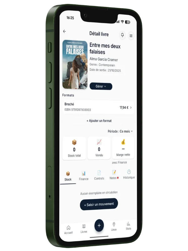 Écran « Détail du livre » d'AuthorLib : stock par lieu, ventes et exemplaires restants pour un titre.