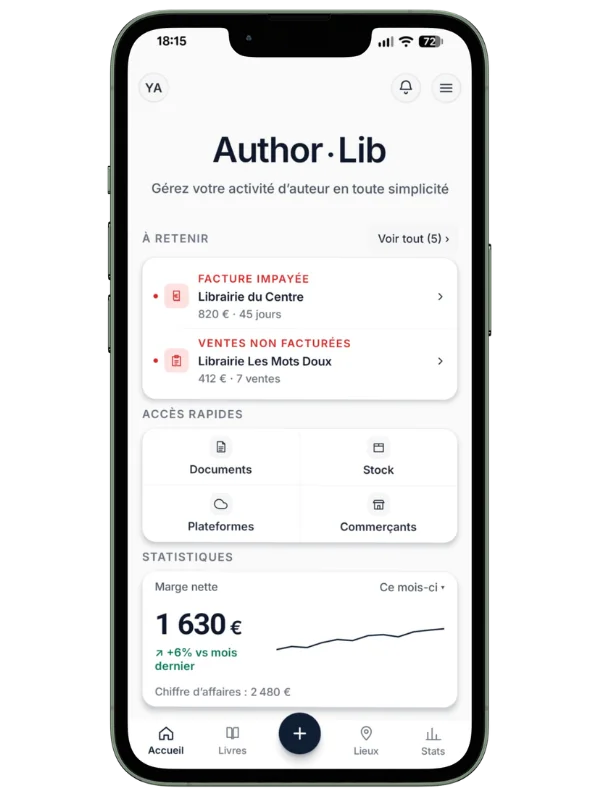 L'application AuthorLib ouverte sur son écran d'accueil, univers Sobre : commandes en cours, contrats à signer, factures en attente et aperçu des ventes.